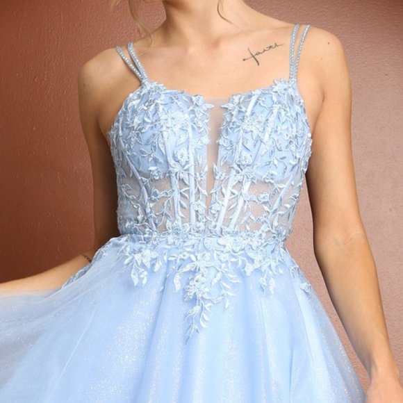 NEW BABY-BLUE OFF SHOULDER SLEEVELESS EMBROIDERY MINI GOWN WITH STRAPS NX T724 - Picture 5 of 9